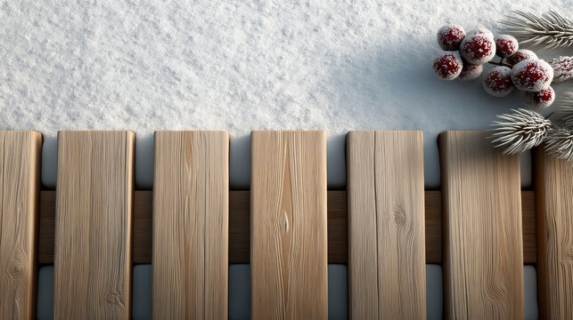 Wooden plank fence snow background frosted pine branch red berries winter top view festive cold peaceful holiday - Powered by Adobe
