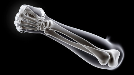 Naklejka premium Side view of black and white x ray style human forearm showing bones and fist, medical and anatomical concept