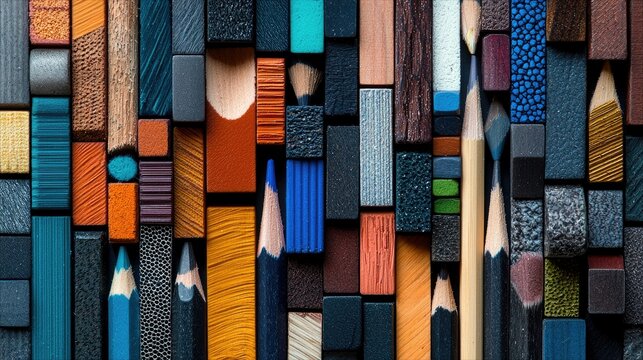 A colorful arrangement of pencils and wooden blocks in various colors and textures, viewed from above, creating a vibrant and artistic pattern. - Powered by Adobe