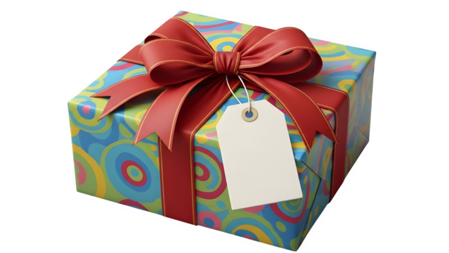 Colorful gift box with red bow and blank tag on black background