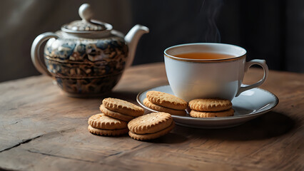 Cup of Tea with Biscuits on Table &ndash; Calm morning mood, soft shadows, simple aesthetic