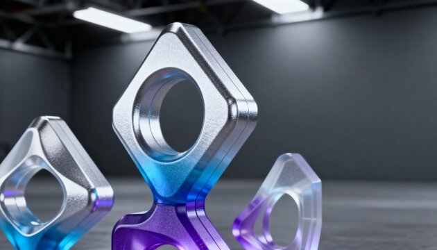 Futuristic 3D render of glossy metallic geometric sculptures with circular cutouts, blue-purple gradient lighting in an industrial studio setting.