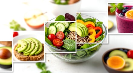 Fresh, Vibrant Collage of Healthy Food: Salad, Smoothie, Avocado