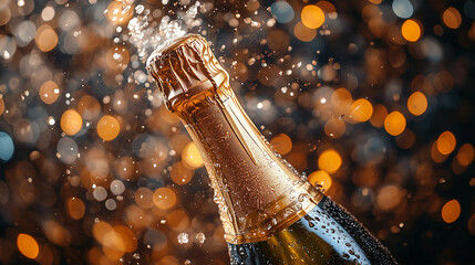 Bottle of champagne on bokeh background - ai generative