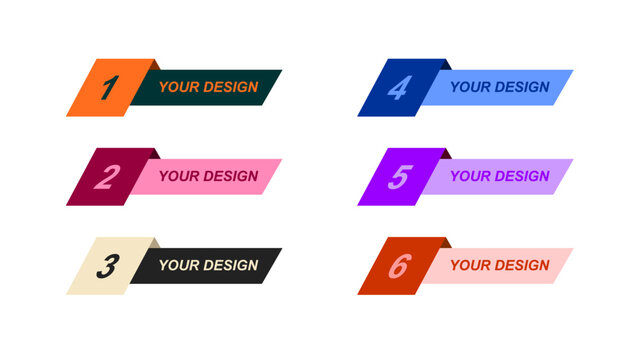 A set of colorful modern name tag ribbons featuring numbered labels and editable text areas, designed in a clean flat style. Ideal for presentations, infographics, lists, and creative layout elements