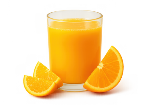 Fresh orange juice in a glass with orange fruit slices, healthy citrus drink on transparent background