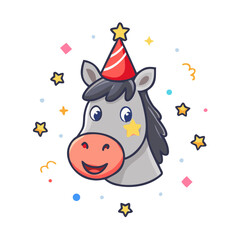 Fototapeta premium Funny grey cartoon horse with party hat and confetti