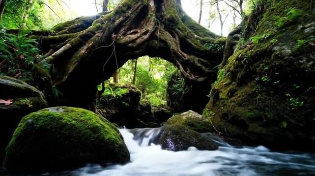 A natural arch of ancient tree roots over a flowing stream in a lush, green forest