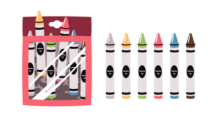 Wax Crayons Set in Flat Design on White Background. Colorful Kids Art Supplies for School, Drawing, and Creative Projects. Perfect for Children's Products, Educational Materials, and Packaging Design