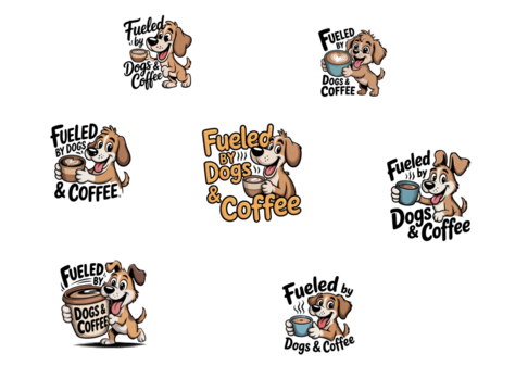 Cute dog illustrations promoting coffee shop with playful designs and warm themes