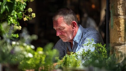An older man in a blue checkered shirt tending plants in a sunlit garden shop, surrounded by greenery. Concept Older man in blue checkered shirt, tending plants, sunlit garden shop, lush greenery