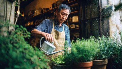 An elderly man in a striped shirt and apron waters potted herbs with a metal watering can in a plant shop. Concept Elderly man watering herbs, striped shirt and apron, plant shop setting