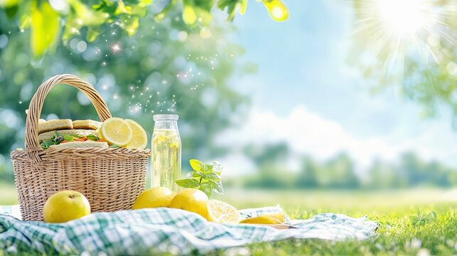 A picnic basket filled with sandwiches and lemons, alongside a bottle of lemonade, set on a checkered blanket on the grass with a sunny background.