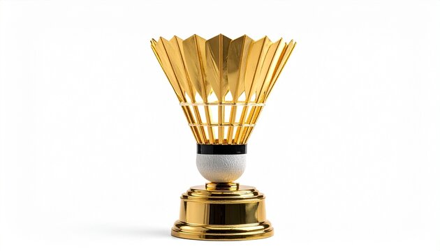 Gold badminton shuttlecock trophy on black pedestal, symbolizing excellence and achievement in sport.