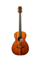 Fototapeta premium Classic Wooden Acoustic Guitar Instrument Standing Upright Isolated on White for Music School Concert and Entertainment Design