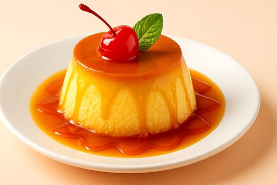 Close-Up Of Flan With Cherry And Mint Leaf