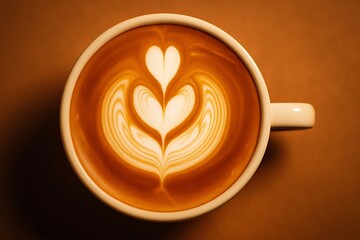Cream Ceramic Cup With Intricate Latte Art Centered On Amber Background