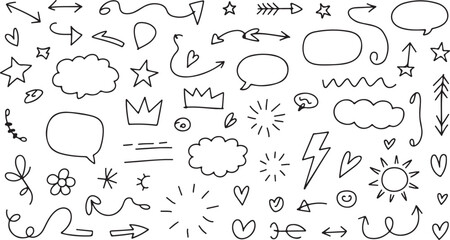Various hand drawn doodle elements, including arrows, stars, hearts and more create a unique set