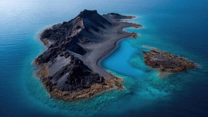 A volcanic island with black lava rocks and a bright turquoise lagoon along its curved shoreline. Concept Volcanic island landscape with black lava rocks, Turquoise lagoon along curved shoreline