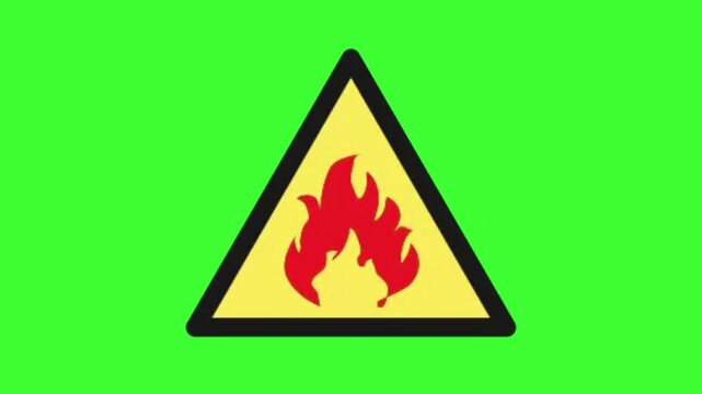 Flammable warning sign flashing to alert of fire danger and caution.  Animated fire hazard warning sign