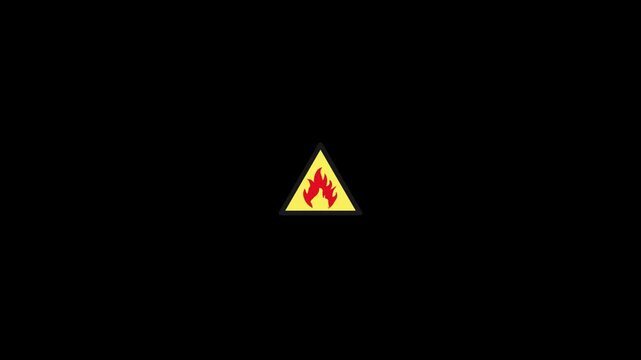 Flammable warning sign flashing to alert of fire danger and caution.  Animated fire hazard warning sign