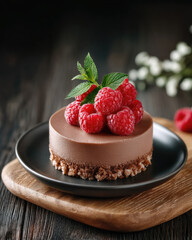 Chocolate raspberry mousse cake with fresh raspberry and mint on black plate, wooden table, elegant dessert, gourmet, sweet treat