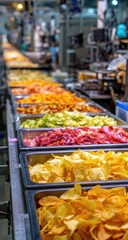 Obraz premium Food processing line with trays of various colorful chips and snacks