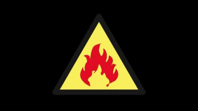 Flammable warning sign flashing to alert of fire danger and caution.  Animated fire hazard warning sign