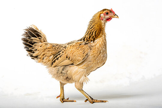 The Bantam: A close-up portrait of a single, elegantly strutting bantam, its feathers a symphony of earthy tones, radiates a sense of rustic charm and rural life.
