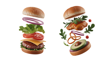 Deliciously Deconstructed Burgers Showcase Mouthwatering Ingredients in a Vibrant and Tempting Presentation for Food Lovers and Culinary Enthusiasts Everywhere