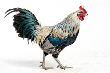 Rooster's Stroll: A proud rooster, with its vibrant plumage and striking comb, confidently struts forward. Capturing its elegance and rural essence.
