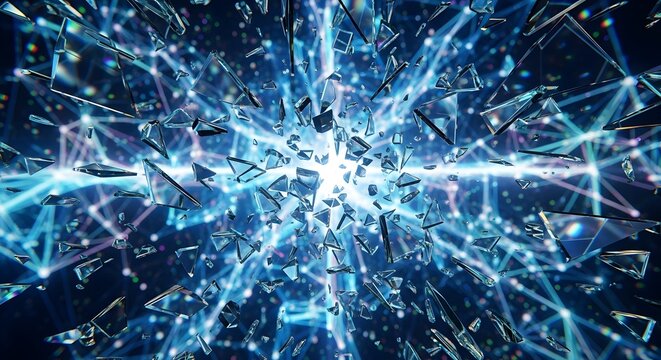Abstract glass shards light burst network connection digital art design element background effect concept