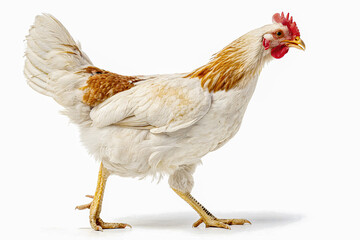 Chicken on the move: A detailed portrait of a single chicken strutting, the photograph emphasizes the bird's unique characteristics. 