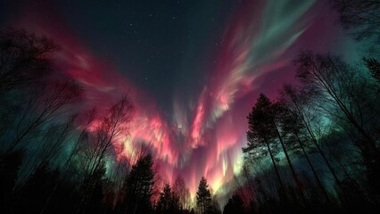 Colorful aurora borealis lights up the night sky above a dark forest, with pink, green, and purple streaks. Concept Aurora over dark forest, Pink Green Purple aurora, Long exposure night sky