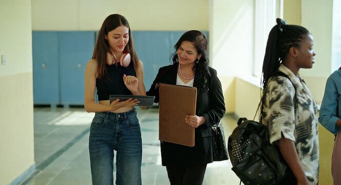 Indian young adult female busy lady tutor hold file walk indoor campus place use tablet look screen do online work teen girl pupil discuss study talk new plan share idea learn casual e skill