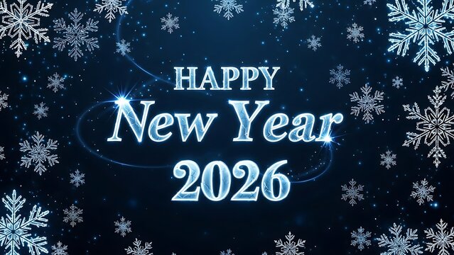 Happy new year 2026 greeting card design with glowing blue text and falling snowflake border on dark background - Powered by Adobe