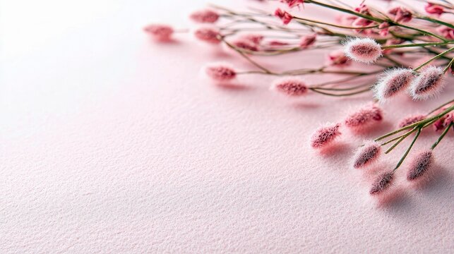 Close-up of pink flowers with fluffy buds on a textured pink surface, creating a soft and delicate composition. - Powered by Adobe
