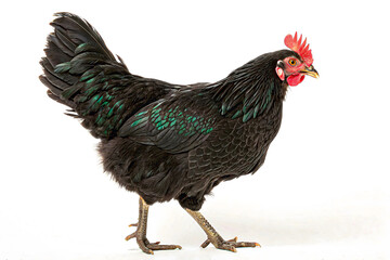 Ebony Hen's Stroll: A striking image of a sleek, black hen in full stride, its iridescent feathers and fiery comb showcased against a plain backdrop, evoking a sense of rural beauty.