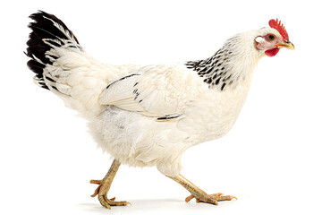 Poised Chicken: A white hen, showcasing its elegant profile against an isolated background. it's a testament to the quiet dignity and inherent beauty of the humble barnyard creature.