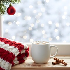 Warm Christmas Scene with Hot Cocoa, Cinnamon Sticks, and Snow Bokeh 