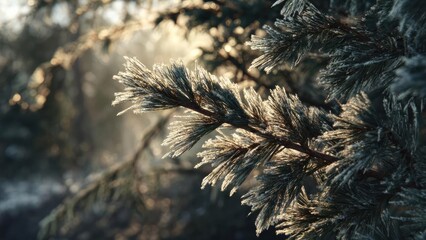 Frost-covered pine needles glistening in warm winter sunlight. Concept Frosty Pines, Winter Sunlight, Glistening Frost, Pine Needle Details, Golden Hour Glow