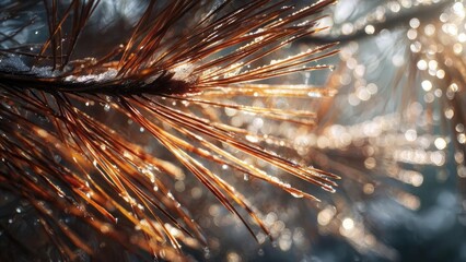 Close-up of frost-covered pine needles glowing in sunlight. Concept Frosty pine needles close-up, Sunlit ice crystals glow, Winter nature macro, Pine needle texture, Bright winter light