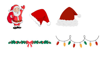 A festive set of Santa hats, Santa figure, lights, and decorative holiday garlands. Suitable for Christmas cards, stickers, social media posts, and seasonal branding.