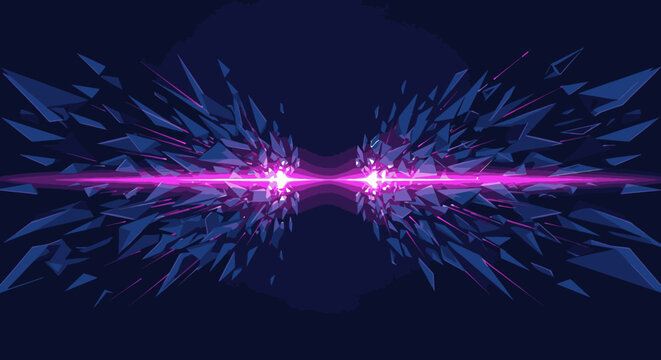 A dynamic abstract background featuring a vibrant pink light beam interacting with shattered blue geometric fragments, creating a futuristic energy burst.