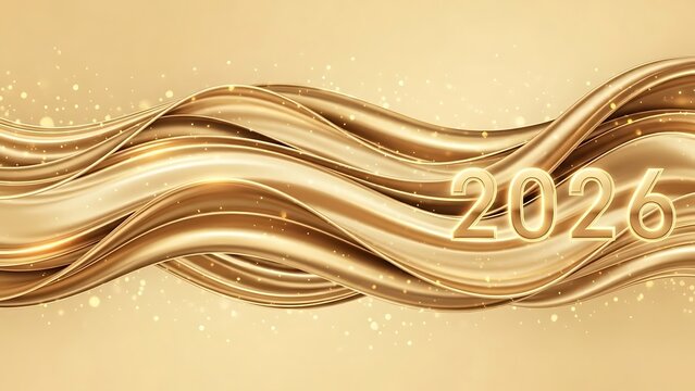 Elegant golden wave abstract background with sparkling light effect and the year 2026 in 3d metallic font for new year celebration concept
