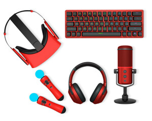 Gaming accessories including VR headset, RGB keyboard, headphones, and microphone shown isolated on white background