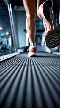 Low-angle view of an athlete's legs and sneakers running on a treadmill during cardio training