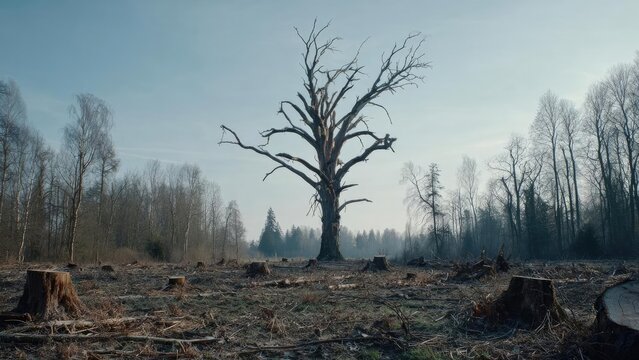 A lone, dead tree stands in a clear-cut forest, surrounded by stumps and leafless trees in the background. Concept Desolate forest, Clear-cut landscape, Lone dead tree, Stumps and leafless trees