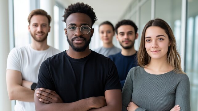 Five friends stand together in a well-lit hallway, arms crossed and smiling. They enjoy each other's company, reflecting friendship and joy during a casual afternoon meet-up - Powered by Adobe