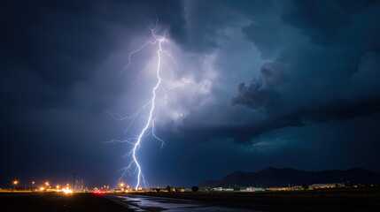 Lightning Piercing Night Sky with City Lights, Contrast of Natural Power and Artificial Glow for Creative Posters and Design Projects